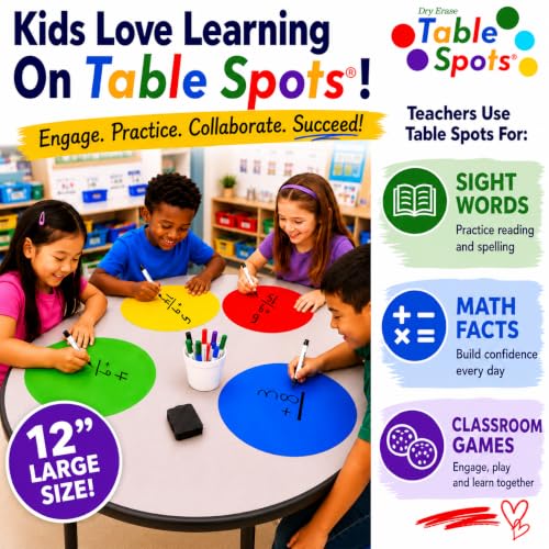 Table Spots 12" Dry Erase Circles for Classroom Desks, Premium PET Vinyl Surface Won&