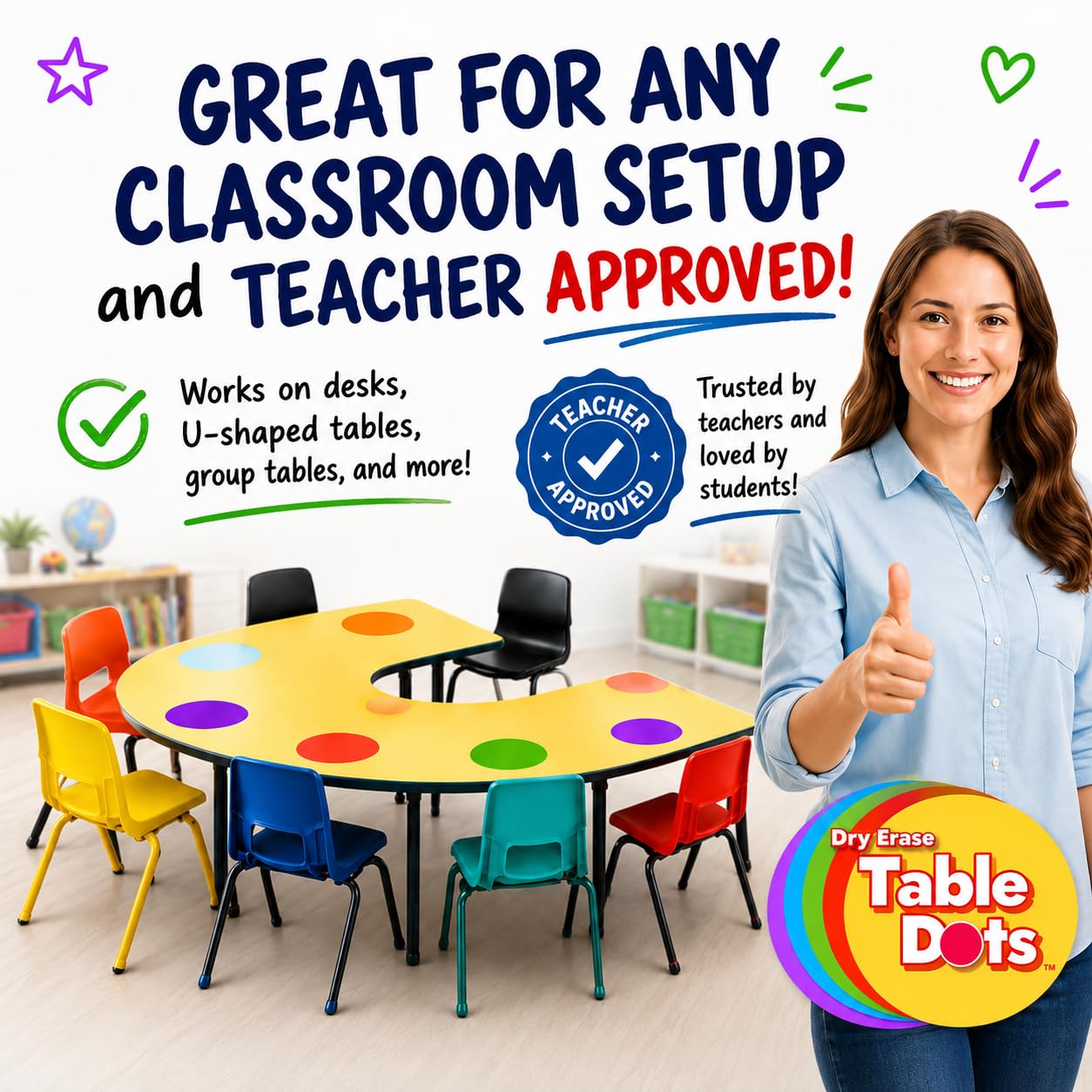 Large 12 Inch Table Dots Dry Erase Circles Spots for Classroom Teachers | 10 Pack | 5 Colorful Stickers | Removable Desktop Whiteboard White Board Tabletop Must Have
