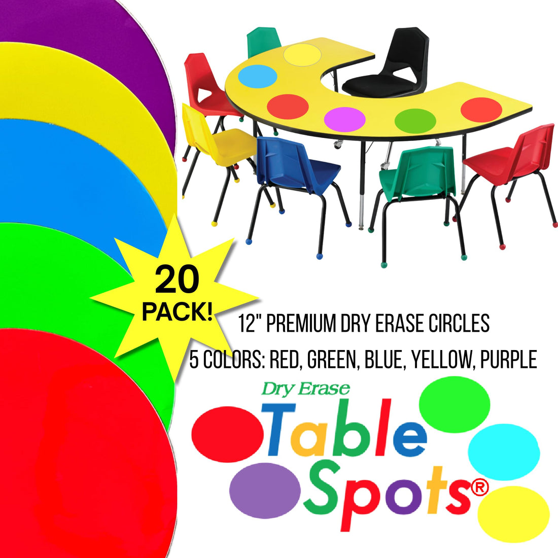 Dry Erase Circles | The Original Table Spots for Teachers 20 PACK | 20 Multicolor Dots Whiteboard Marker Stickers Wall Decals for School Classroom Teachers Students Table Desktop White Board