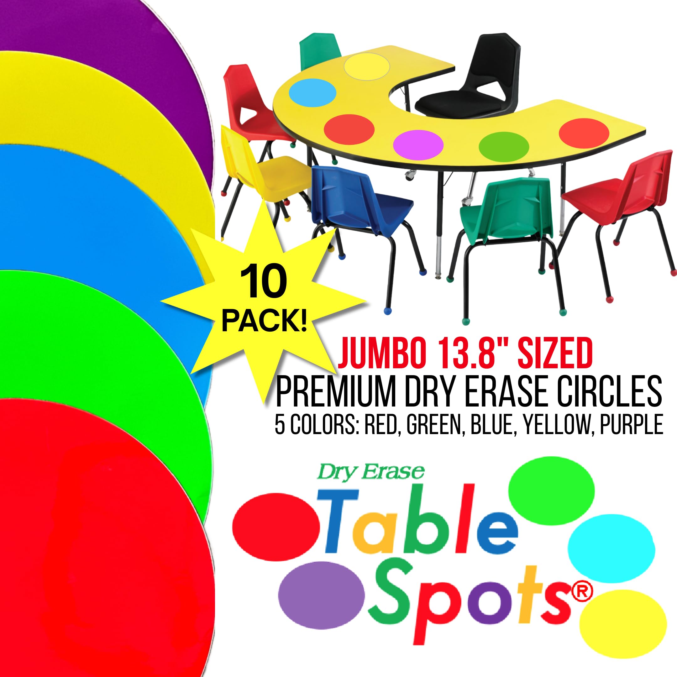 New Jumbo Dry Erase Circles | Table Spots Max 13.6" for Teachers Classroom Desks | 10 Pack Reusable Whiteboard Circle Dots, No Ghosting or Staining, Adhesive Desk Stickers Students Must Have