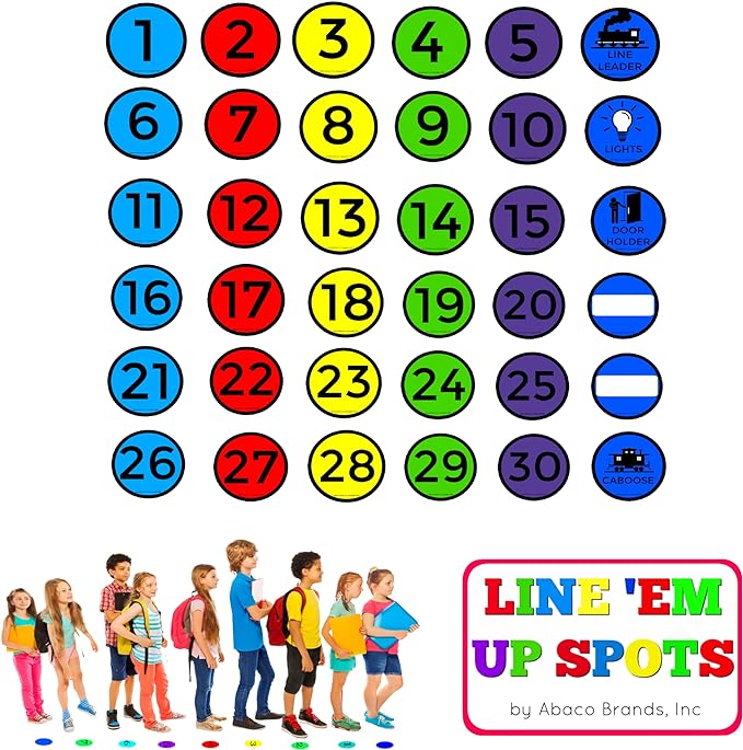 Line Up Spots - Hard Floor Stickers | Numbered 1-30, 6 Colors, 6 Action Circles
