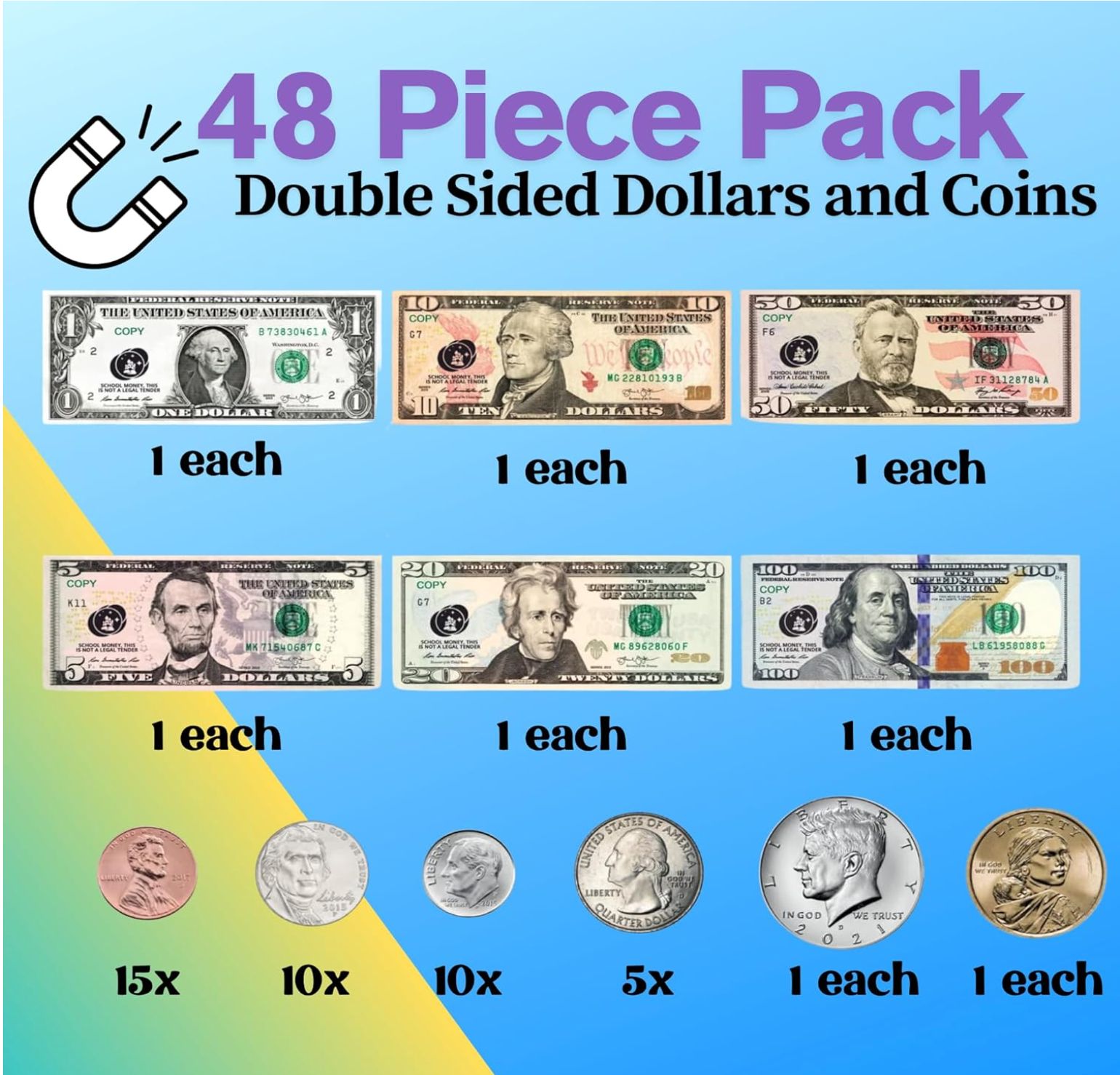 MAGNA-MONEY 48 PCS Large Double-Sided Magnetic Money