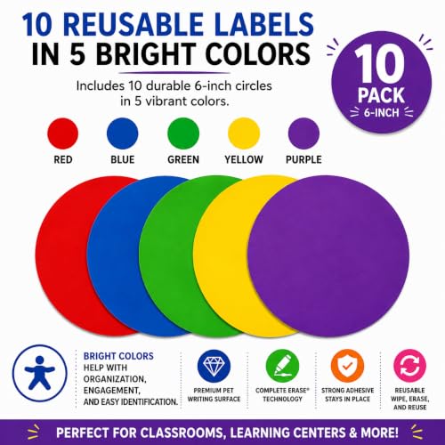Table Spots Minis Complete Erase Dry Erase Classroom Organization Labels, 10 Pack Reusable 6" Premium PET Circles for Teachers, Student Desk Labels, Learning Centers &amp; Classroom Management