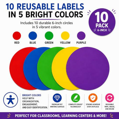 Table Spots Minis Complete Erase Dry Erase Classroom Organization Labels, 10 Pack Reusable 6" Premium PET Circles for Teachers, Student Desk Labels, Learning Centers &amp; Classroom Management