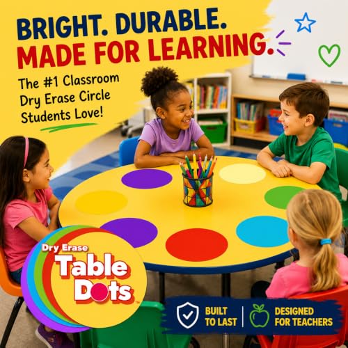 Large 12 Inch Table Dots Dry Erase Circles Spots for Classroom Teachers  | 10 Pack | 5 Colorful Stickers | Removable Desktop Whiteboard White Board Tabletop Must Have