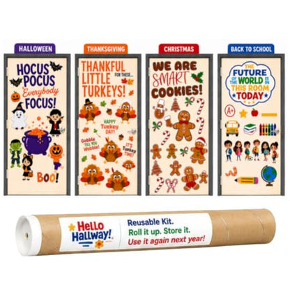 Hello Hallway Classroom Door Decorations for Teachers Seasonal Holiday 4-Pack Value | Peel &amp; Stick Reusable Door &amp; Whiteboard Decor | Preschool Pre-K Kindergarten | Teacher Supplies