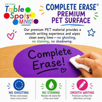 Table Spots Minis Complete Erase Dry Erase Classroom Organization Labels, 10 Pack Reusable 6" Premium PET Circles for Teachers, Student Desk Labels, Learning Centers &amp; Classroom Management