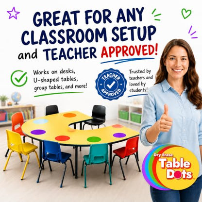 Large 12 Inch Table Dots Dry Erase Circles Spots for Classroom Teachers  | 10 Pack | 5 Colorful Stickers | Removable Desktop Whiteboard White Board Tabletop Must Have