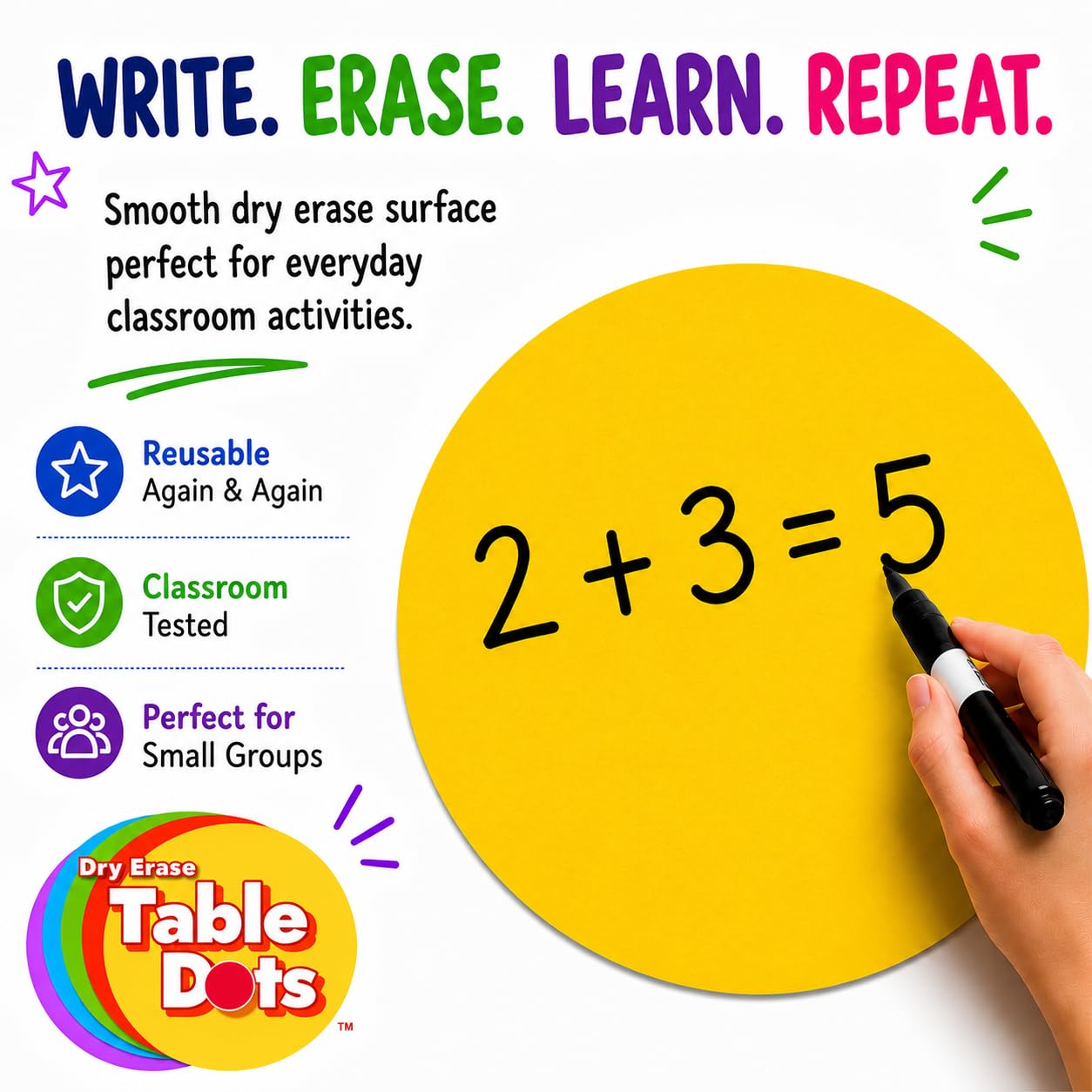 Large 12 Inch Table Dots Dry Erase Circles Spots for Classroom Teachers  | 10 Pack | 5 Colorful Stickers | Removable Desktop Whiteboard White Board Tabletop Must Have