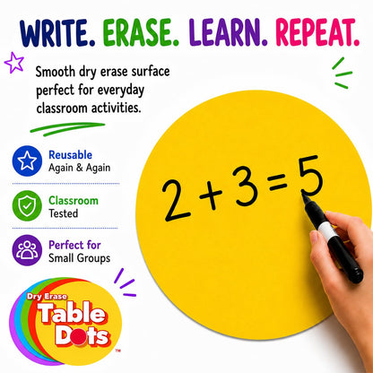 Large 12 Inch Table Dots Dry Erase Circles Spots for Classroom Teachers  | 10 Pack | 5 Colorful Stickers | Removable Desktop Whiteboard White Board Tabletop Must Have