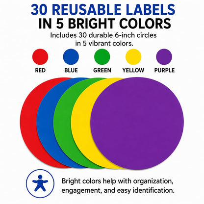 Table Spots Minis Complete Erase Dry Erase Classroom Organization Labels, 30 Pack Reusable 6" Premium PET Circles for Teachers, Student Desk Labels, Learning Centers &amp; Classroom Management