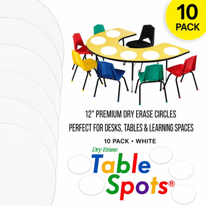 Dry Erase Circles Table Spots for Classroom Desks – 10 Pack White 12” Reusable Whiteboard Circles, Complete Erase - No Ghosting or Staining, Adhesive Desk Stickers, Teachers Classroom Supplies