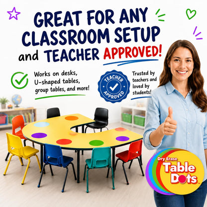 Large 12 Inch Table Dots Dry Erase Circles Spots for Classroom Teachers  | 10 Pack | 5 Colorful Stickers | Removable Desktop Whiteboard White Board Tabletop Must Have