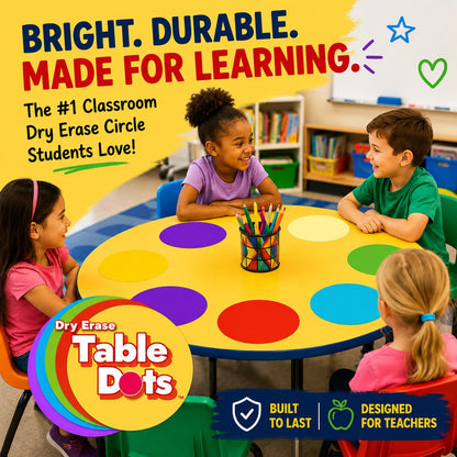 Large 12 Inch Table Dots Dry Erase Circles Spots for Classroom Teachers  | 10 Pack | 5 Colorful Stickers | Removable Desktop Whiteboard White Board Tabletop Must Have
