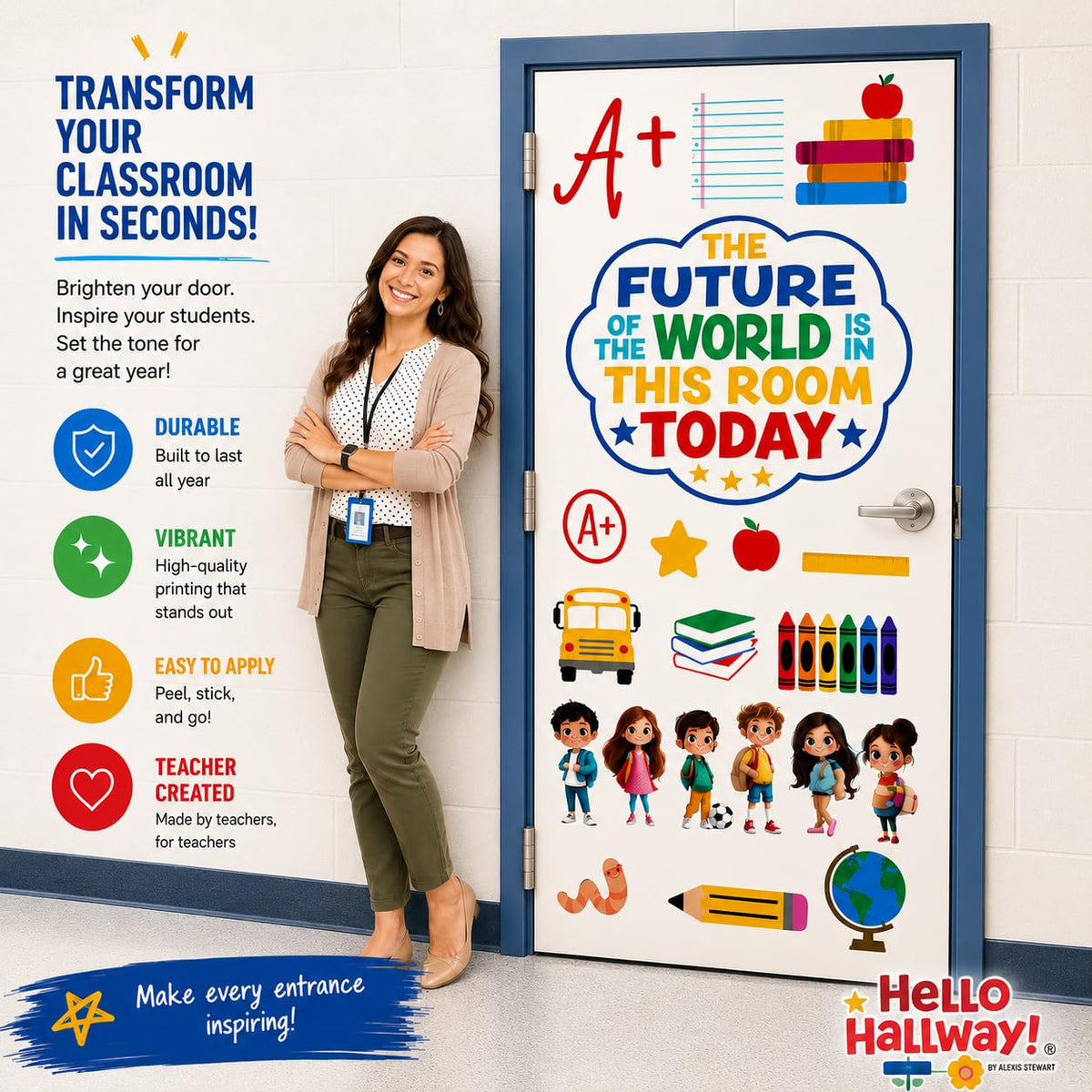 Hello Hallway Classroom Door Decorations for Teachers Seasonal Holiday 4-Pack Value | Peel &amp; Stick Reusable Door &amp; Whiteboard Decor | Preschool Pre-K Kindergarten | Teacher Supplies
