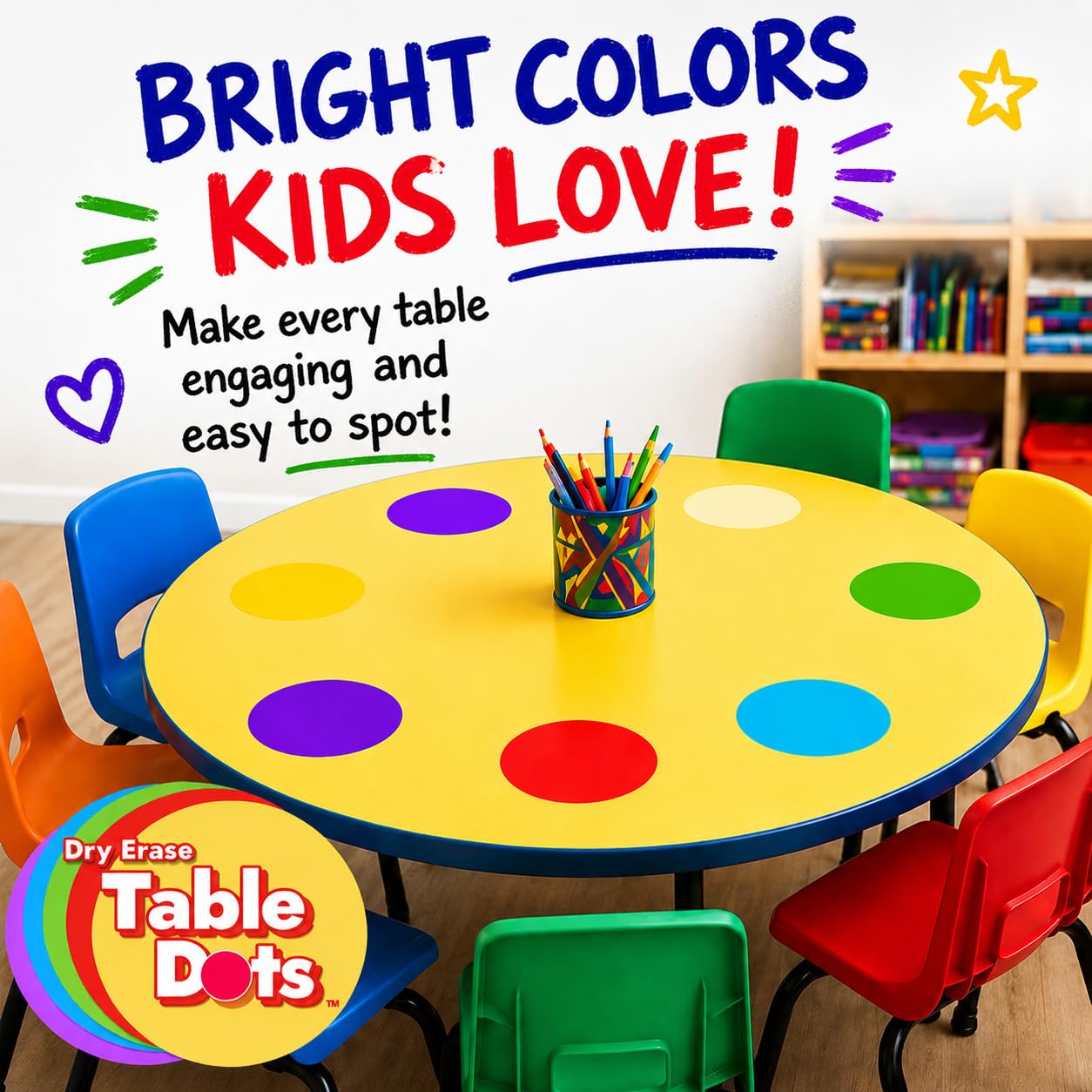 Large 12 Inch Table Dots Dry Erase Circles Spots for Classroom Teachers  | 10 Pack | 5 Colorful Stickers | Removable Desktop Whiteboard White Board Tabletop Must Have