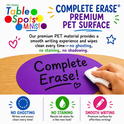 Table Spots Minis Complete Erase Dry Erase Classroom Organization Labels, 10 Pack Reusable 6" Premium PET Circles for Teachers, Student Desk Labels, Learning Centers &amp; Classroom Management