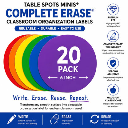 Table Spots Minis Complete Erase Dry Erase Classroom Organization Labels, 20 Pack Reusable 6" Premium PET Circles for Teachers, Student Desk Labels, Learning Centers &amp; Classroom Management