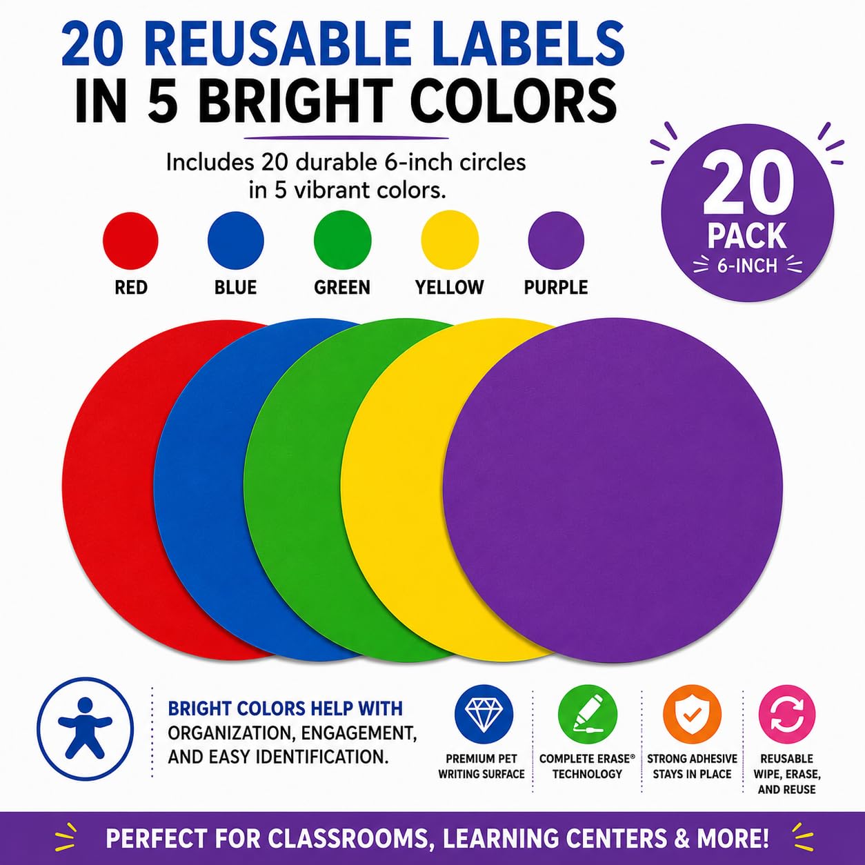 Table Spots Minis Complete Erase Dry Erase Classroom Organization Labels, 20 Pack Reusable 6" Premium PET Circles for Teachers, Student Desk Labels, Learning Centers &amp; Classroom Management