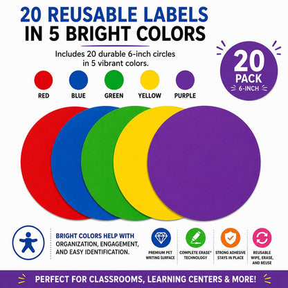 Table Spots Minis Complete Erase Dry Erase Classroom Organization Labels, 20 Pack Reusable 6" Premium PET Circles for Teachers, Student Desk Labels, Learning Centers &amp; Classroom Management