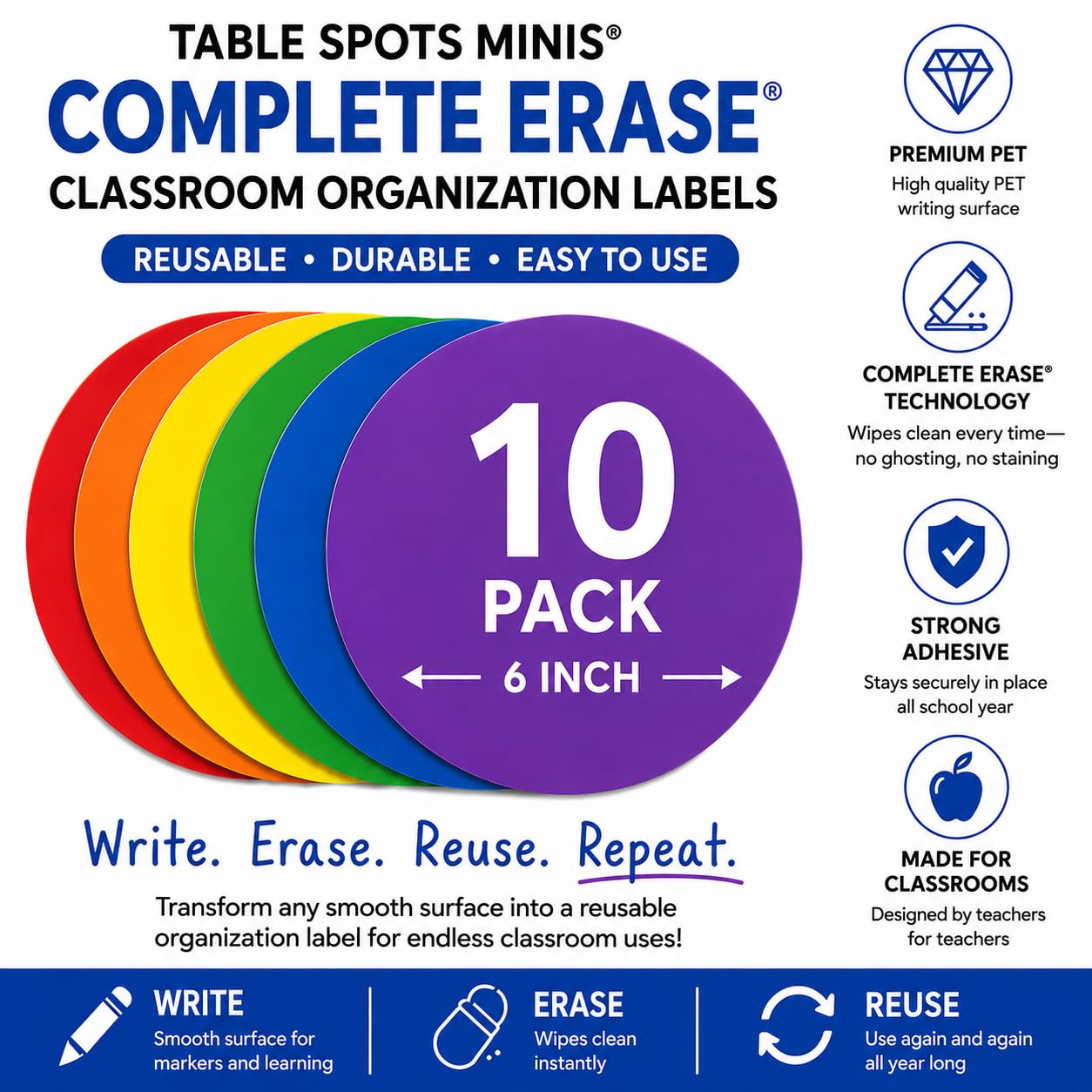 Table Spots Minis Complete Erase Dry Erase Classroom Organization Labels, 10 Pack Reusable 6" Premium PET Circles for Teachers, Student Desk Labels, Learning Centers &amp; Classroom Management