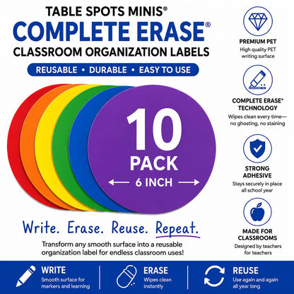 Table Spots Minis Complete Erase Dry Erase Classroom Organization Labels, 10 Pack Reusable 6" Premium PET Circles for Teachers, Student Desk Labels, Learning Centers &amp; Classroom Management