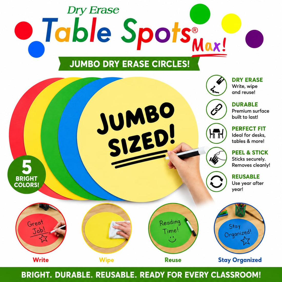 New Jumbo Dry Erase Circles | Table Spots Max 13.6" for Teachers Classroom Desks | 10 Pack Reusable Whiteboard Circle Dots, No Ghosting or Staining, Adhesive Desk Stickers Students Must Have