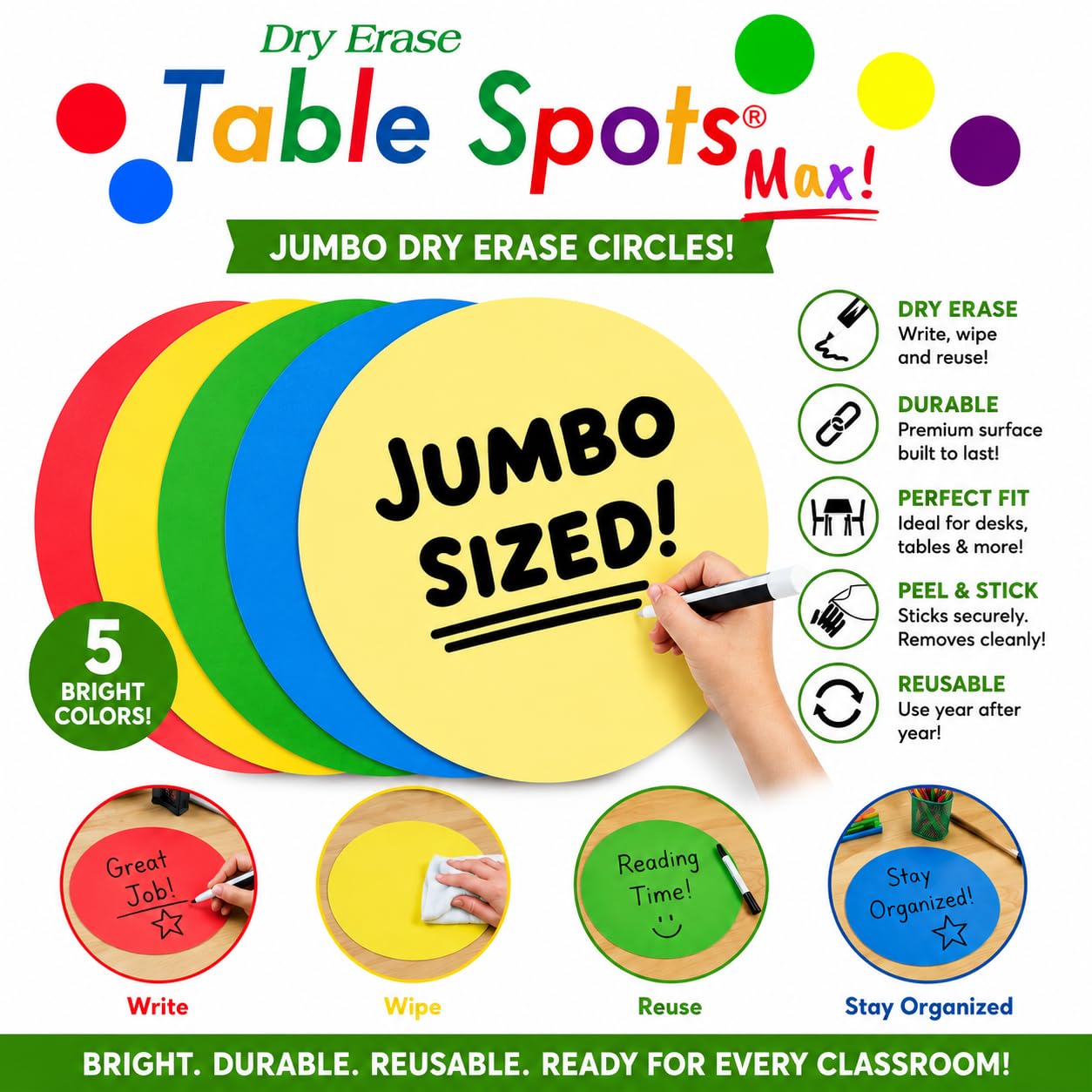 New Jumbo Dry Erase Circles | Table Spots Max 13.6" for Teachers Classroom Desks | 10 Pack Reusable Whiteboard Circle Dots, No Ghosting or Staining, Adhesive Desk Stickers Students Must Have