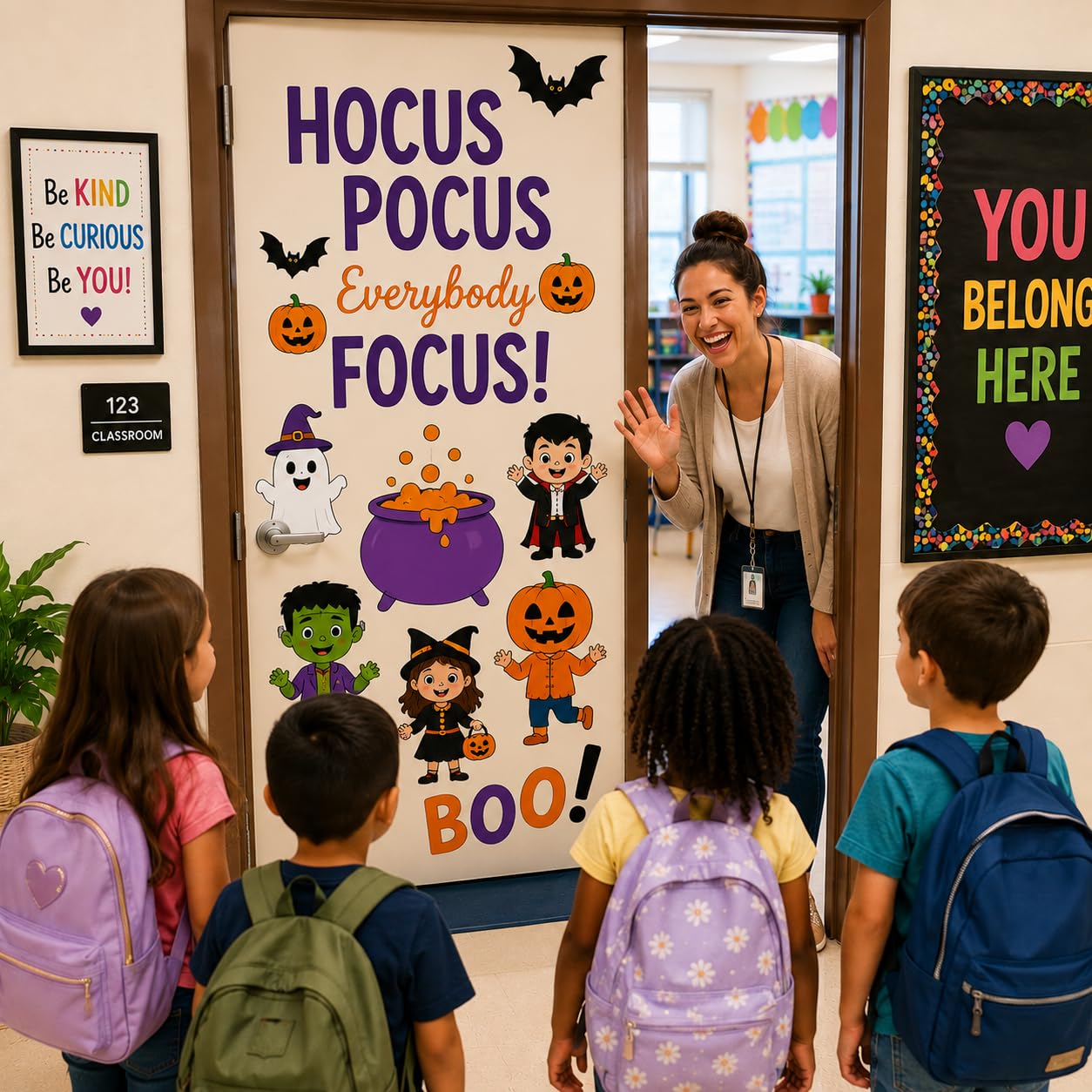 HELLO HALLWAY Classroom Door Decorations for Teachers, Halloween Theme | Reusable Peel &amp; Stick Classroom Door Decor Kit | Preschool, Pre-K &amp; Kindergarten Classroom Decor | Teacher Supplies