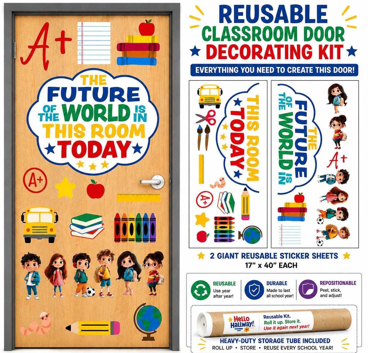 Hello Hallway Classroom Door Decorations for Teachers, Back to School | Reusable Peel &amp; Stick Door &amp; Whiteboard Decor Kit | Preschool Pre-K Kindergarten Classroom Decor | Teacher Supplies