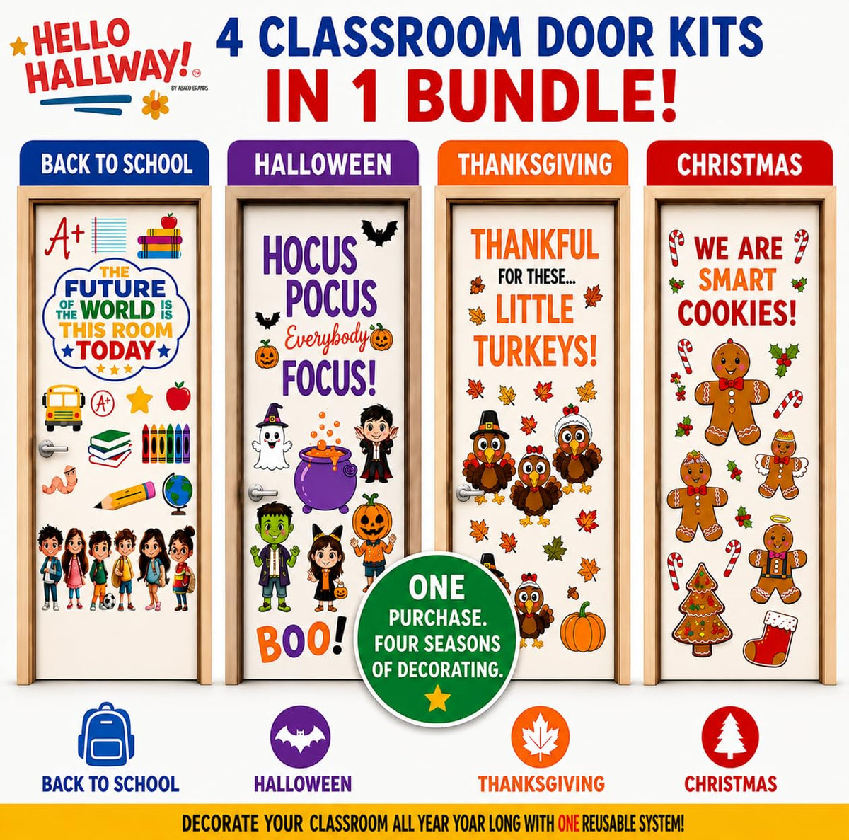 Hello Hallway Classroom Door Decorations for Teachers Seasonal Holiday 4-Pack Value | Peel &amp; Stick Reusable Door &amp; Whiteboard Decor | Preschool Pre-K Kindergarten | Teacher Supplies