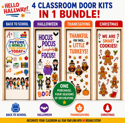 Hello Hallway Classroom Door Decorations for Teachers Seasonal Holiday 4-Pack Value | Peel &amp; Stick Reusable Door &amp; Whiteboard Decor | Preschool Pre-K Kindergarten | Teacher Supplies