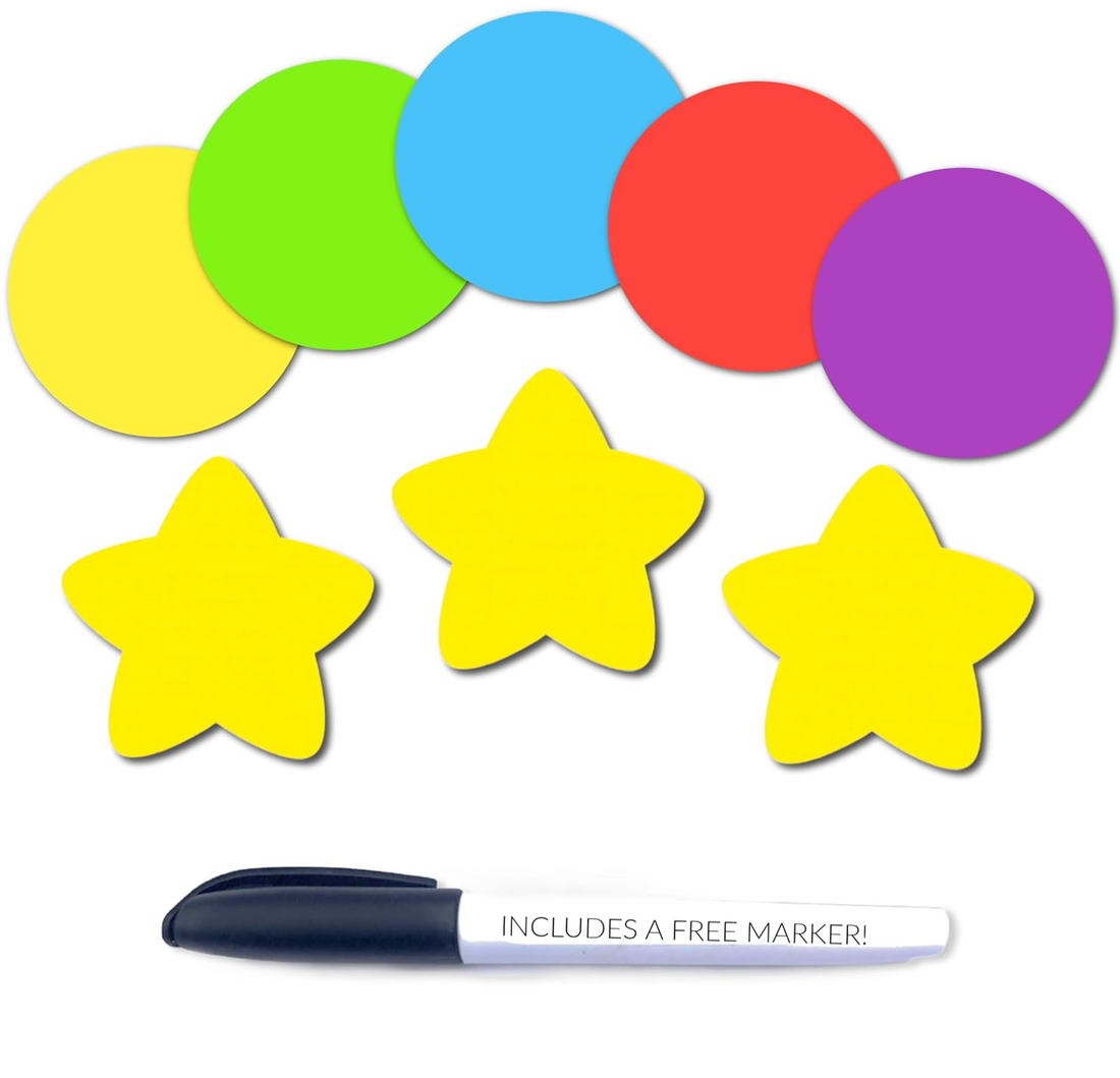 Carpet Markers 35 PACK | 30 CIRCLES, 5 COLORS, 5 GOLD STARS w/ BONUS PERMANENT MARKER