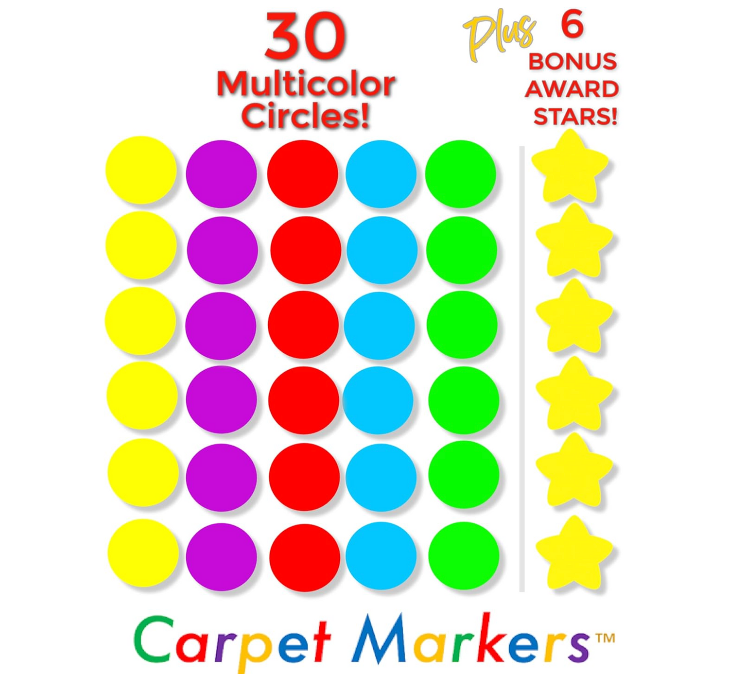 Carpet Markers 36 PACK | 30 CIRCLES, 5 COLORS, 6 GOLD STARS w/ BONUS PERMANENT MARKER