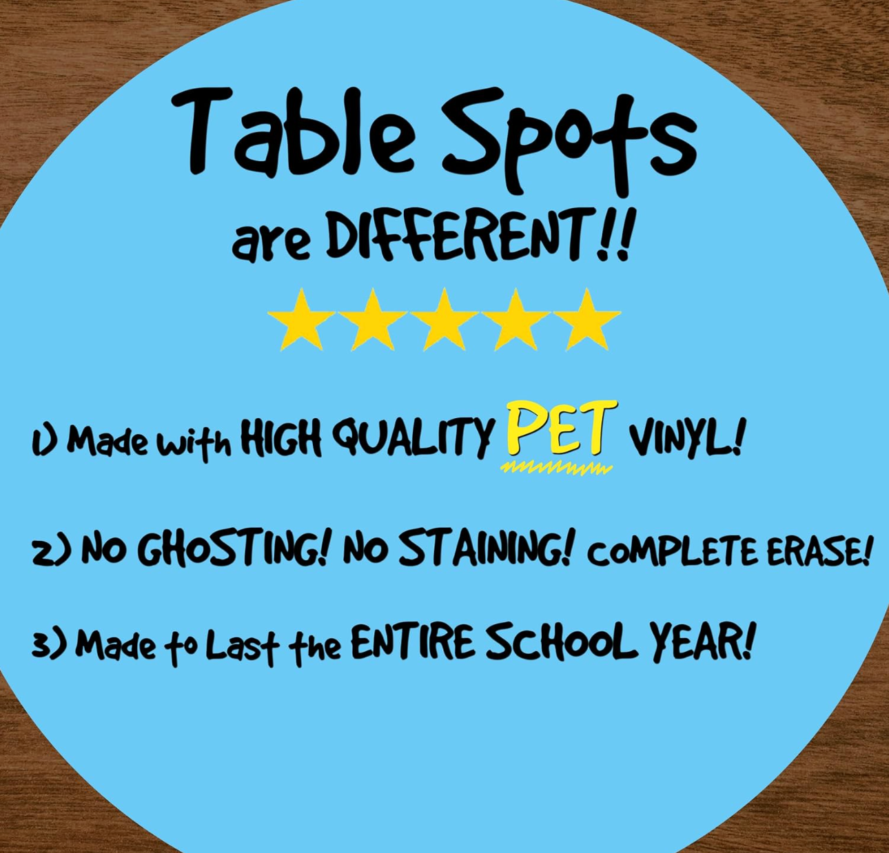 The Original TABLE SPOTS for Teachers | 10 PACK PET Vinyl - Complete Erase!