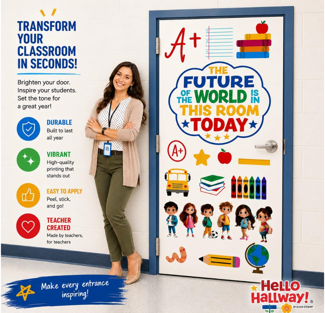 Hello Hallway Classroom Door Decorations for Teachers, Back to School | Reusable Peel &amp; Stick Door &amp; Whiteboard Decor Kit | Preschool Pre-K Kindergarten Classroom Decor | Teacher Supplies