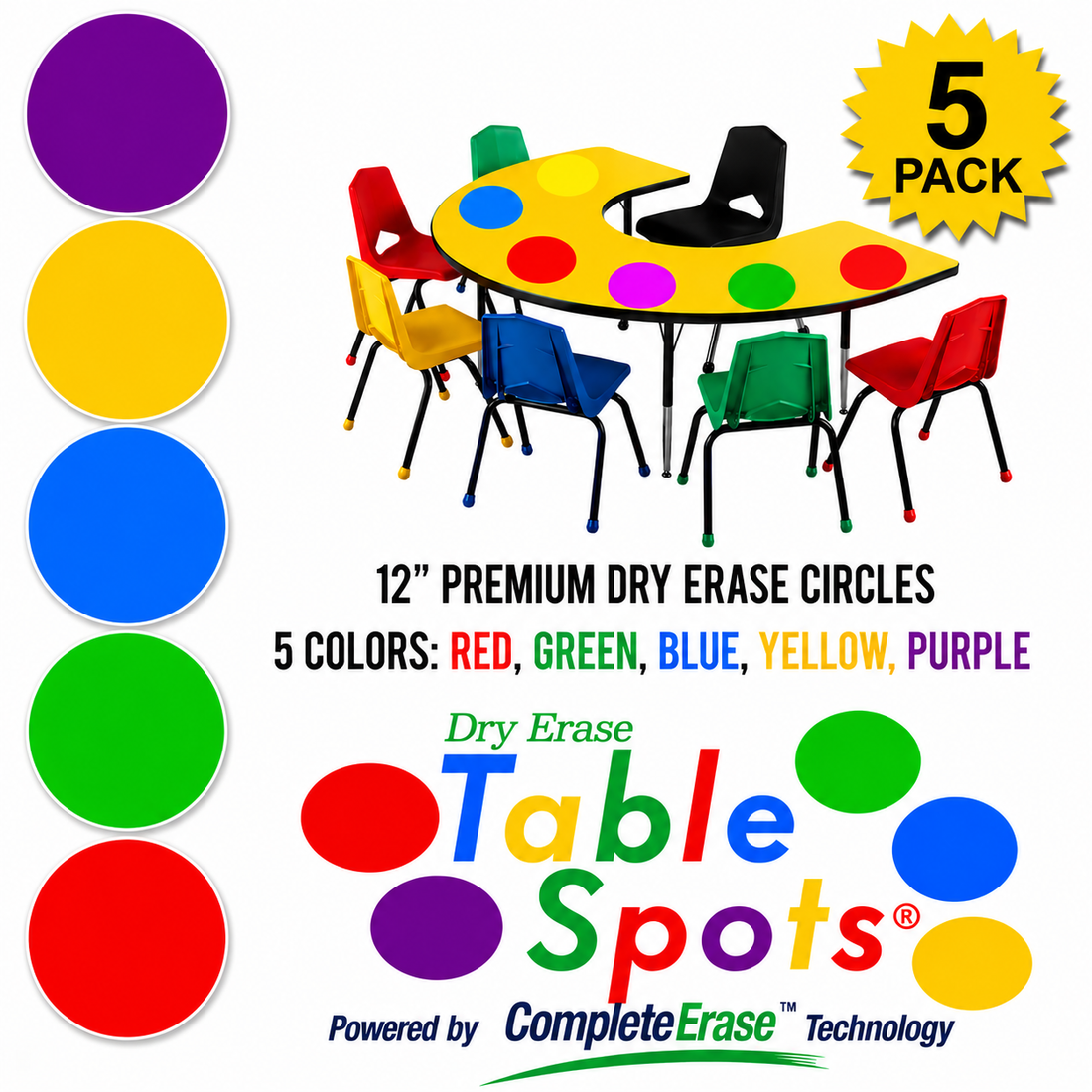 TABLE SPOTS | 5 Pack of 12" Dry Erase Circles for Classroom Desks, Featuring CompleteErase Technology