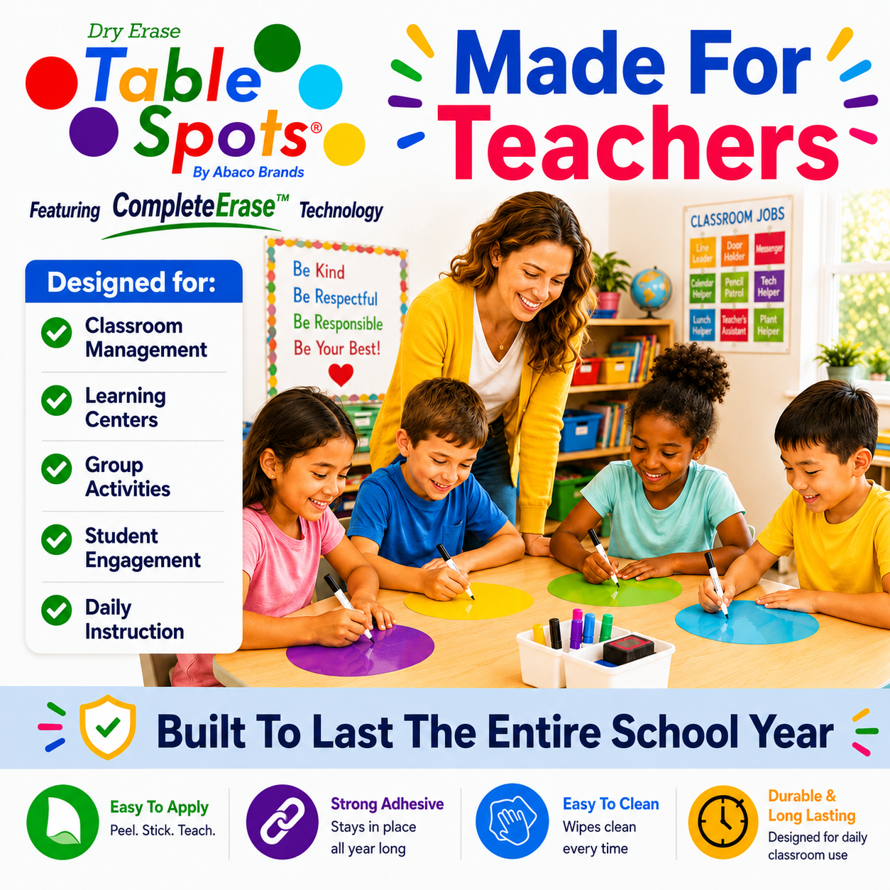 TABLE SPOTS | 10 Pack of 12" Dry Erase Circles for Classroom Desks, Featuring CompleteErase Technology