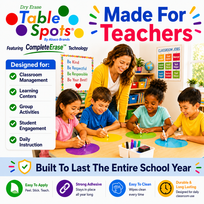 TABLE SPOTS | 10 Pack of 12" Dry Erase Circles for Classroom Desks, Featuring CompleteErase Technology
