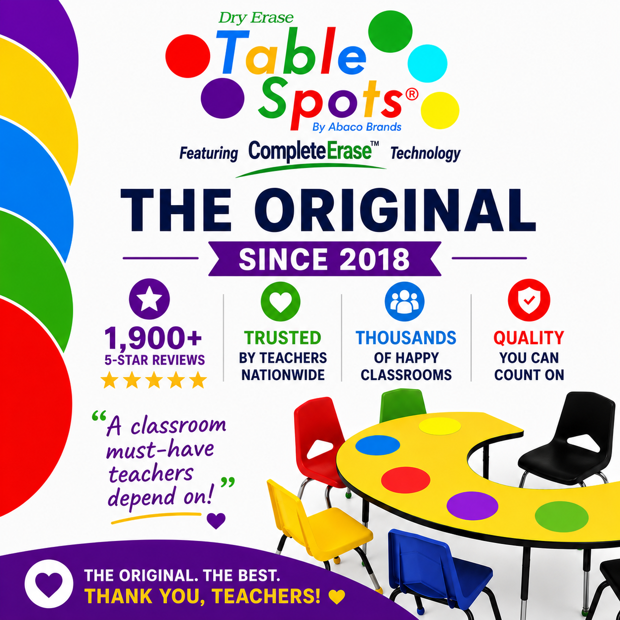 JUMBO TABLE SPOTS MAX | 10 Pack of 13.6" Dry Erase Circles for Classroom Desks, Featuring CompleteErase Technology